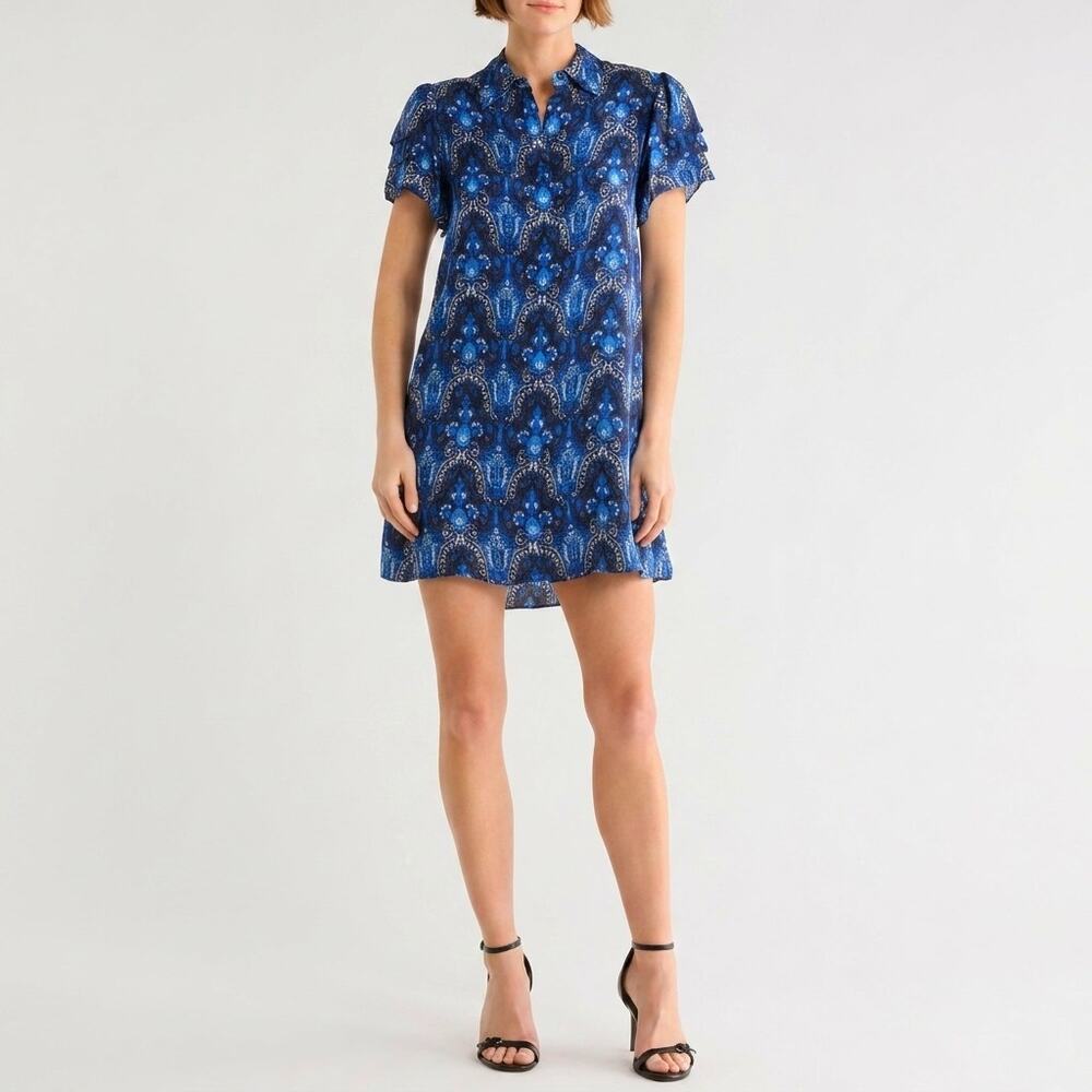 Alice + Olivia Shirt Dress Jem Short Sleeve Damask Paisley Cupro Blue Size XS